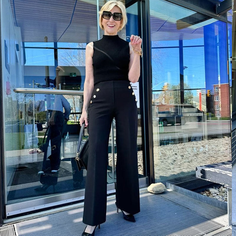 đ„Sista dagen 49% RABATTđ„Hög Elastisk Knapp Med Breda Ben Slimbyxor Leggings/High Elastic Button Wide Leg Slim Pants Leggings