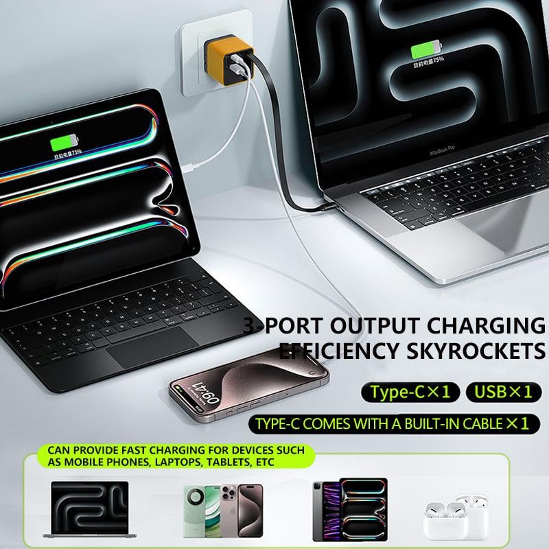 đ„Superdeal! 35% Rabatt! 3-i-1 GaN Snabbladdare â 80W MAX, Typ-C Kabel & 2 USB-portar