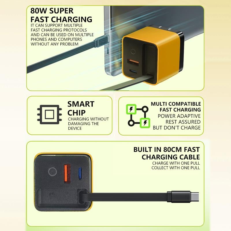đ„Superdeal! 35% Rabatt! 3-i-1 GaN Snabbladdare â 80W MAX, Typ-C Kabel & 2 USB-portar