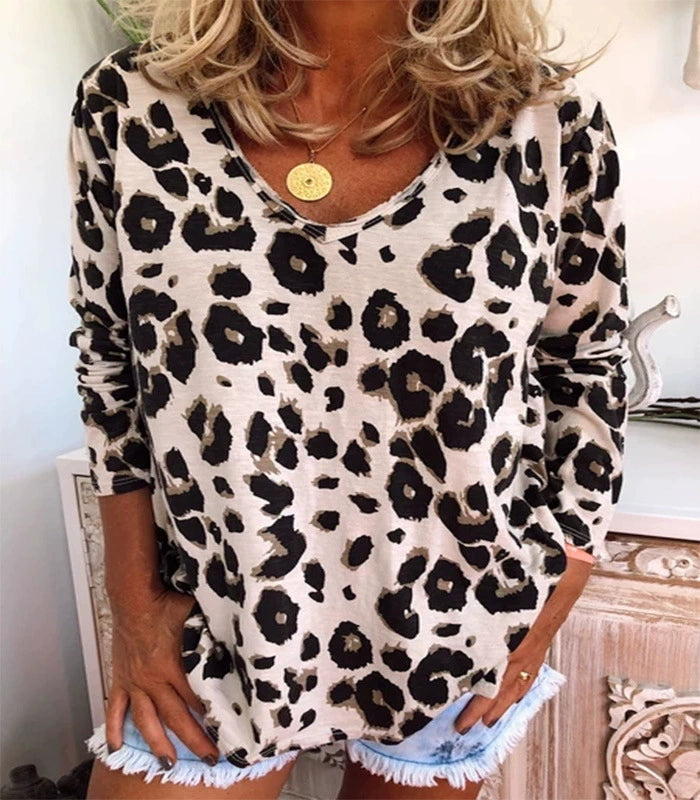 🔥 49% RABATT – 🐆 Damens Stretchtopp med Leopardtryck och Rund Hals