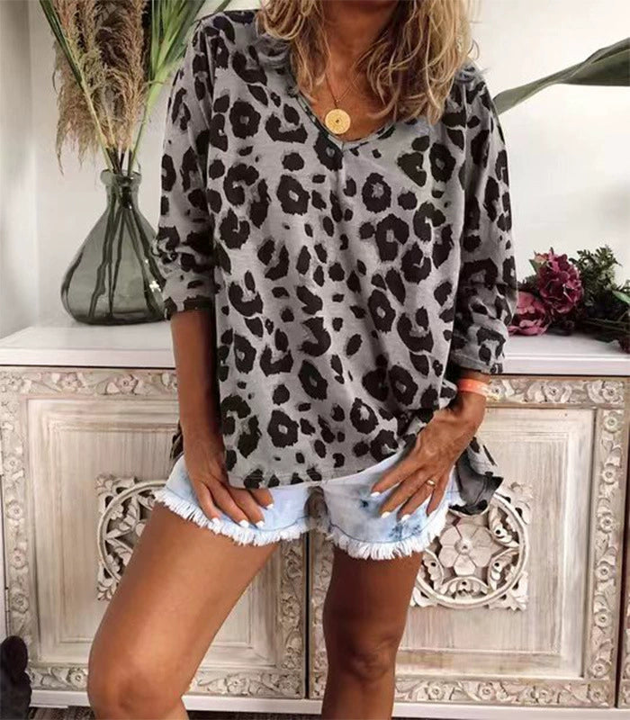 🔥 49% RABATT – 🐆 Damens Stretchtopp med Leopardtryck och Rund Hals