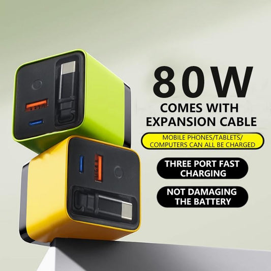 🔥Superdeal! 35% Rabatt! 3-i-1 GaN Snabbladdare – 80W MAX, Typ-C Kabel & 2 USB-portar