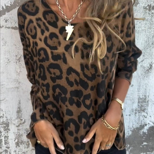 🔥 49% RABATT – 🐆 Damens Stretchtopp med Leopardtryck och Rund Hals
