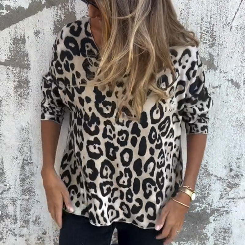 🔥 49% RABATT – 🐆 Damens Stretchtopp med Leopardtryck och Rund Hals
