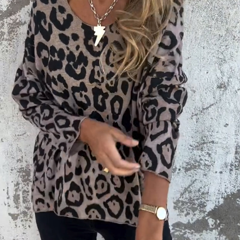 🔥 49% RABATT – 🐆 Damens Stretchtopp med Leopardtryck och Rund Hals
